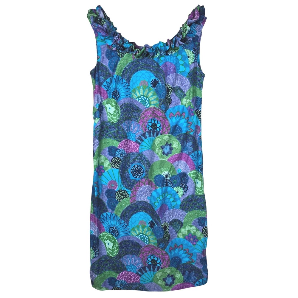 Vintage Casual Aire Hawaii Shift Dress Ruffle Neck Floral Psych Print Blue Green